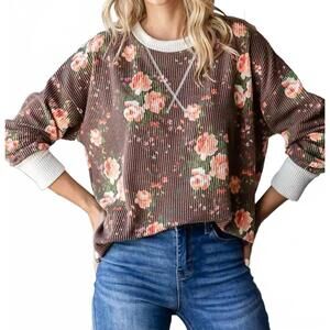 NEW 7TH RAY cozy floral drop shoulder top in brown